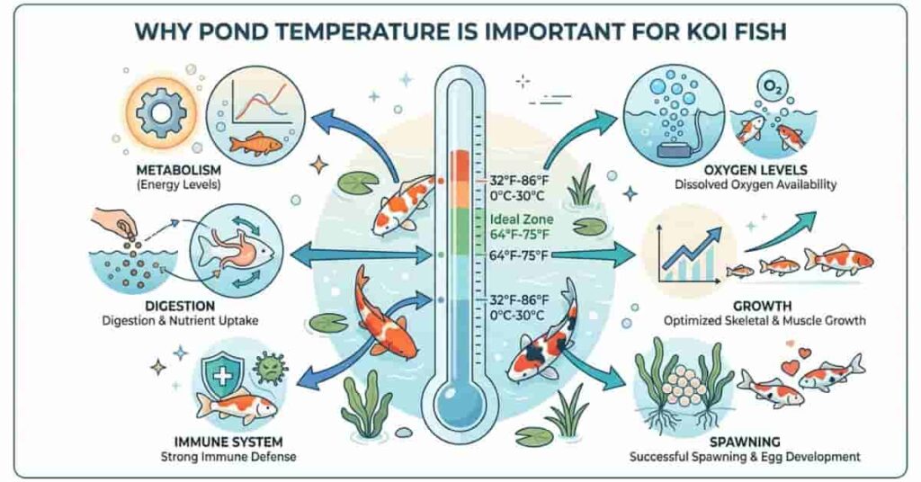 Educational infographic showing how pond temperature affects koi metabolism, digestion, oxygen, growth, immunity, and spawning.