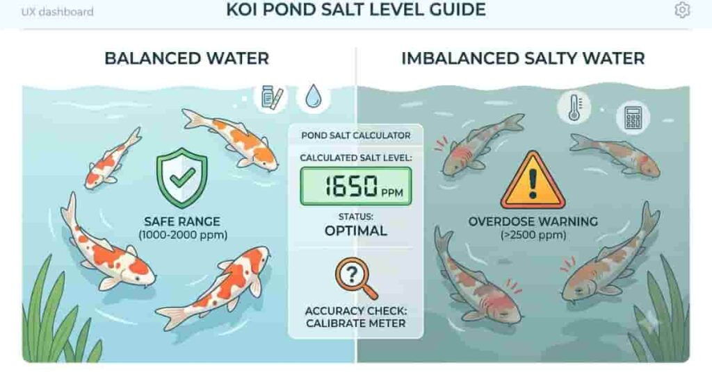 Infographic showing importance of testing pond salt levels for koi fish safety and balanced water conditions