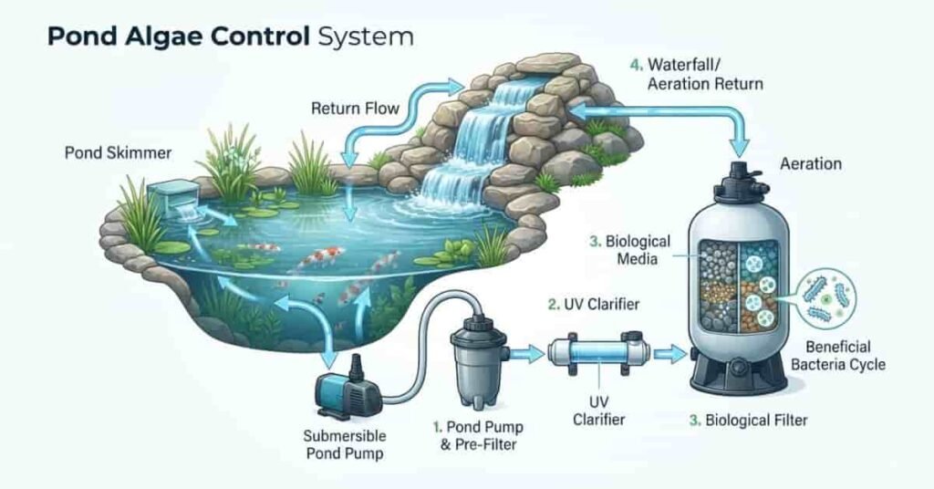 Diagram showing a complete pond algae control system with filtration, UV clarifier, pond pump, and beneficial bacteria.