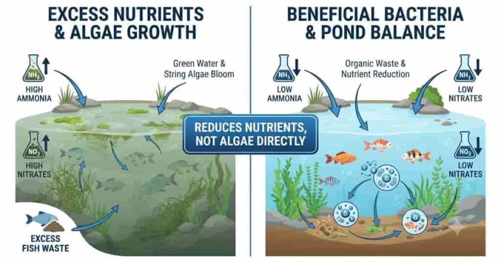 Comparison infographic explaining how beneficial bacteria help reduce algae by lowering excess nutrients rather than killing algae directly.