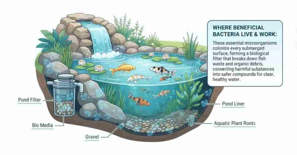 Healthy koi pond showing beneficial bacteria inside the biological filter and pond ecosystem improving water quality through the nitrogen cycle.