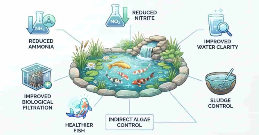 Infographic showing the benefits of beneficial bacteria for ponds, including cleaner water, healthier fish, and improved biological filtration.
