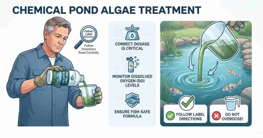 Educational infographic showing safe chemical treatment options for severe pond algae with dosage and fish safety tips.
