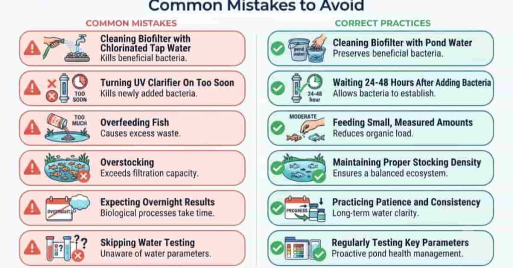 Infographic showing common mistakes to avoid when using beneficial bacteria in ponds and the correct maintenance practices.