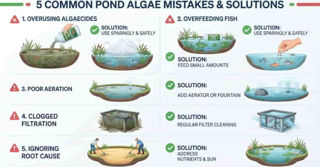 Infographic showing common pond algae mistakes including overfeeding, chemical overuse, poor aeration, clogged filters, and ignoring the root cause.