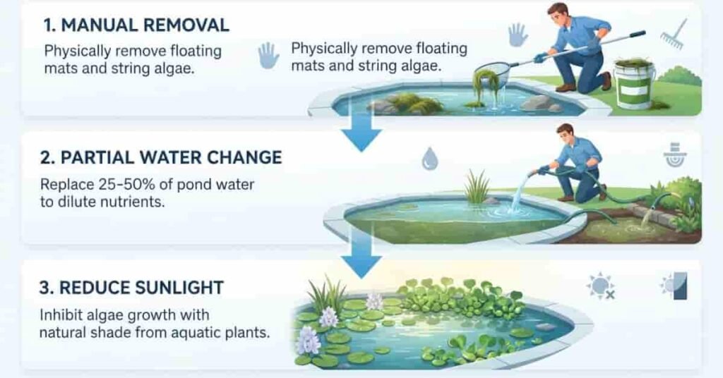 Step-by-step infographic showing manual algae removal, partial water change, and reducing sunlight to remove pond algae quickly.