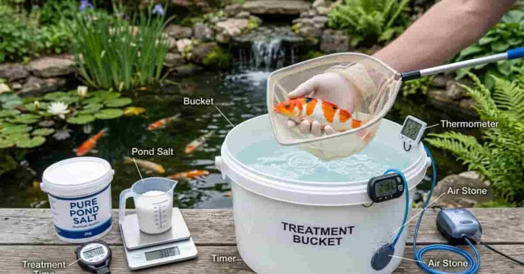 How to give a salt bath to pond fish safely using pure pond salt, a treatment bucket, air stone, thermometer, and proper step-by-step equipment.