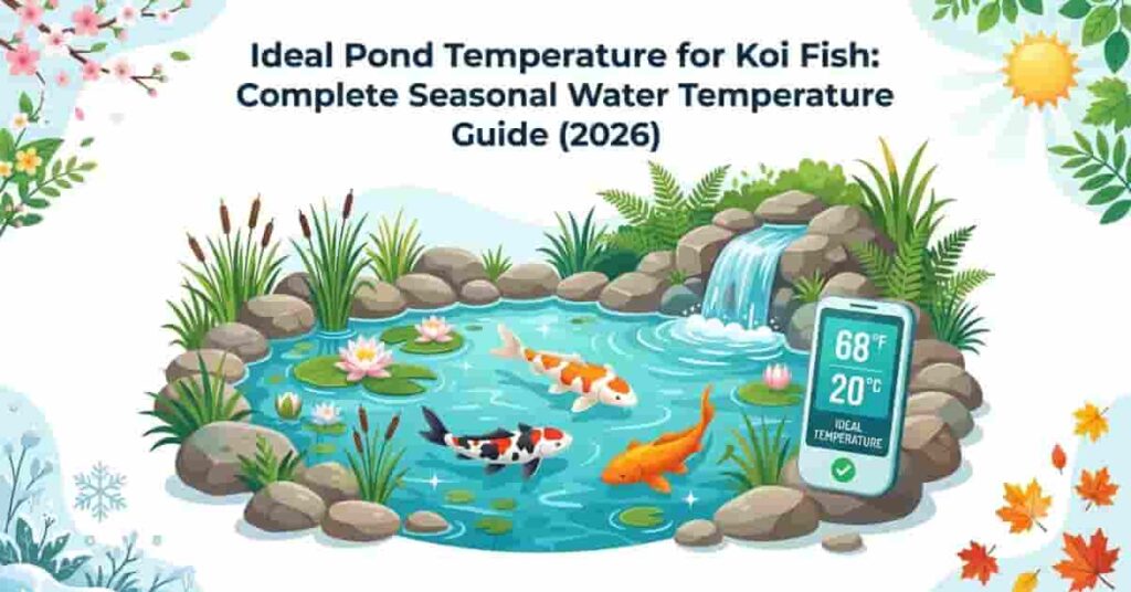 Healthy koi fish swimming in a backyard pond with a digital thermometer showing the ideal pond temperature for koi fish throughout the seasons.