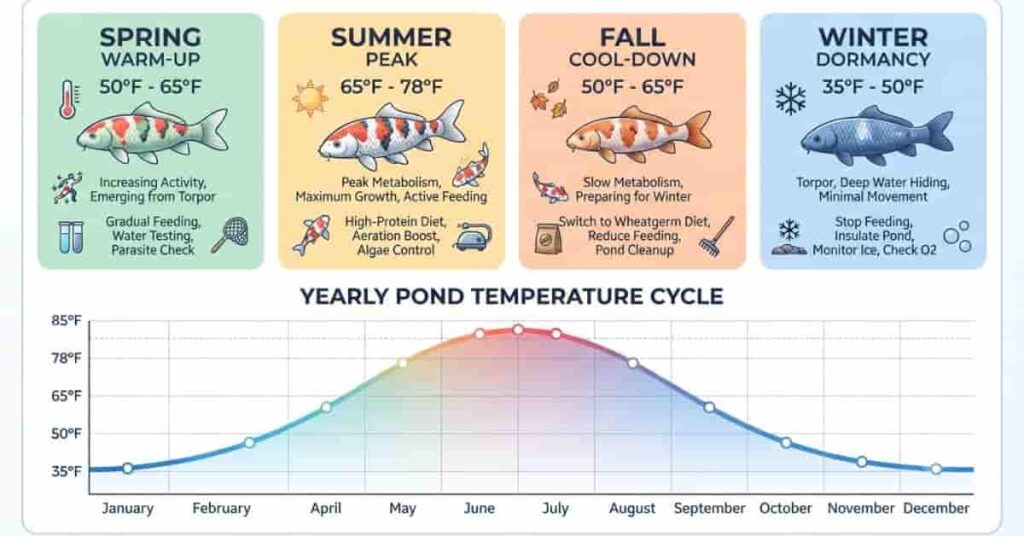 Koi pond temperature chart showing seasonal temperature changes and care tips