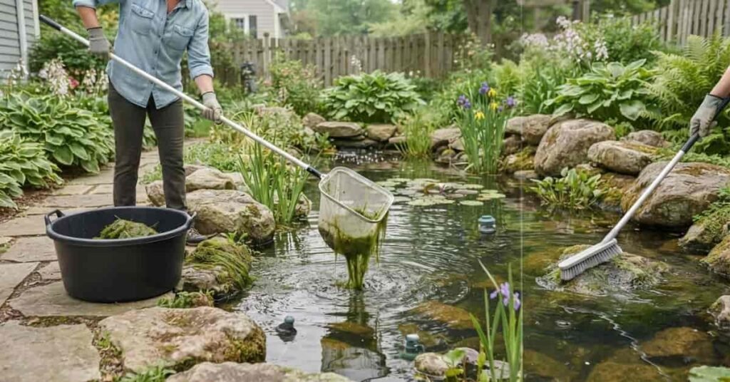 Manual removal of string algae from a pond using a net and algae brush