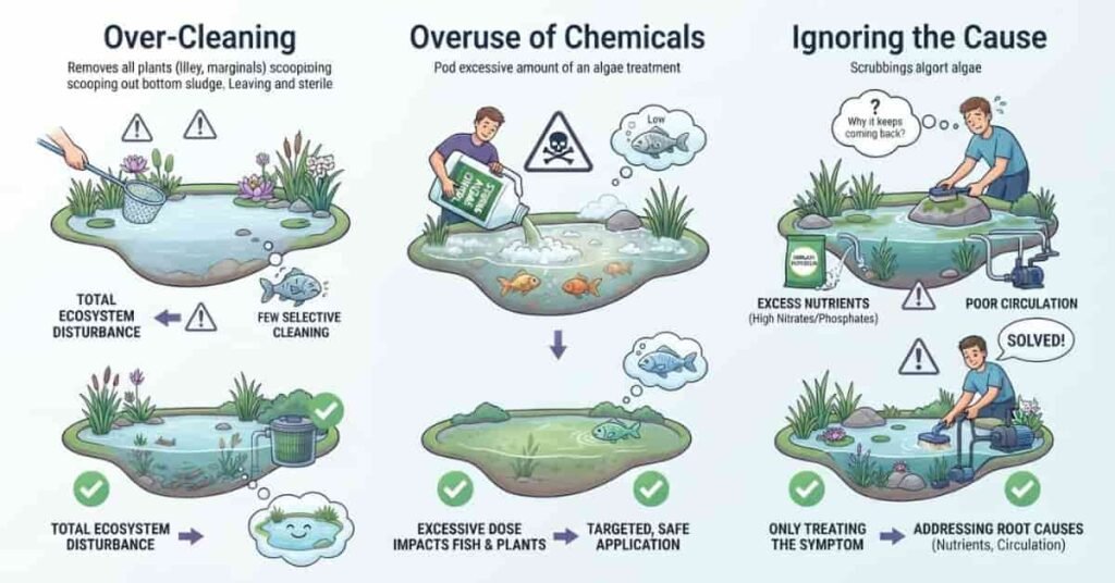 Natural string algae control using barley straw, floating plants, shade, and water circulation