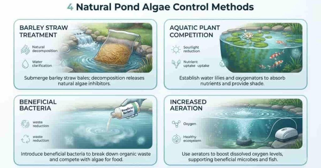Infographic showing natural fish-safe ways to remove pond algae using barley straw, pond plants, beneficial bacteria, and aeration.