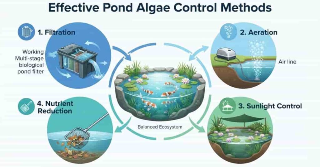 Infographic showing filtration, aeration, sunlight control, and nutrient reduction for pond algae management.
