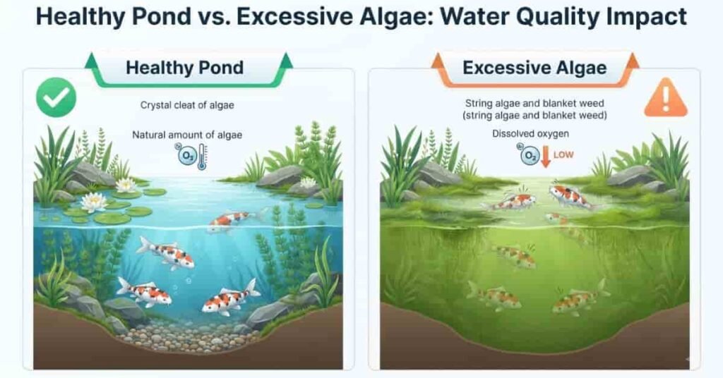 Comparison showing beneficial pond algae versus excessive algae growth and its effects on fish.