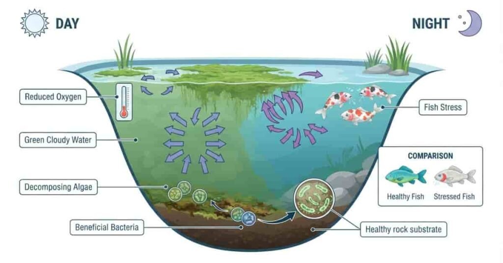 Diagram showing how pond algae affects oxygen levels, water clarity, and fish health.