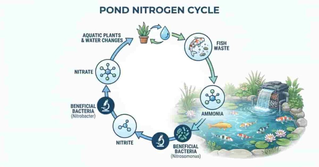 Pond nitrogen cycle infographic showing beneficial bacteria converting ammonia into nitrite and nitrate for healthier pond water.