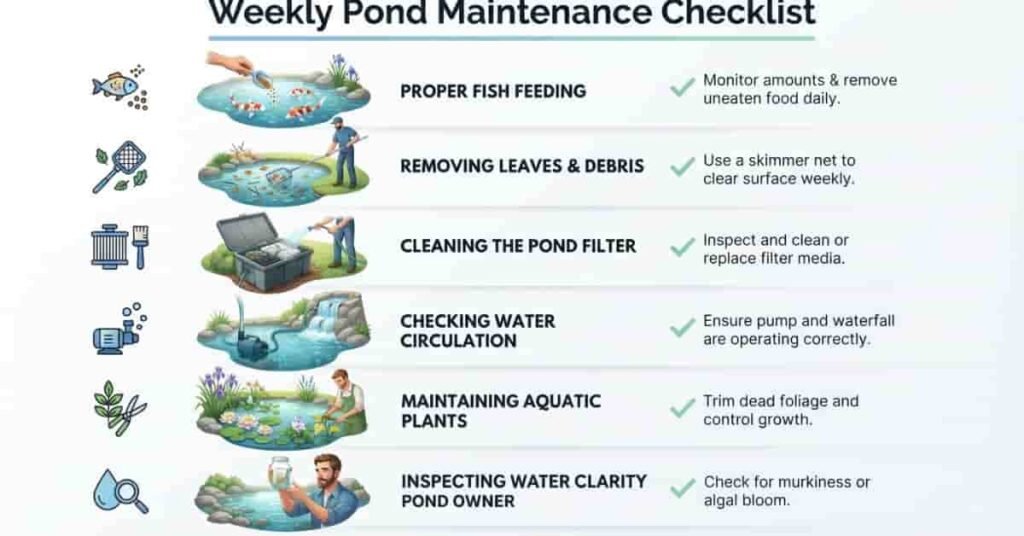 Weekly pond maintenance checklist infographic showing how to prevent pond algae from returning.