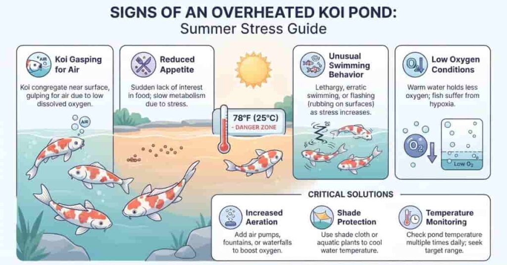 Signs of high pond temperature causing stress in koi fish