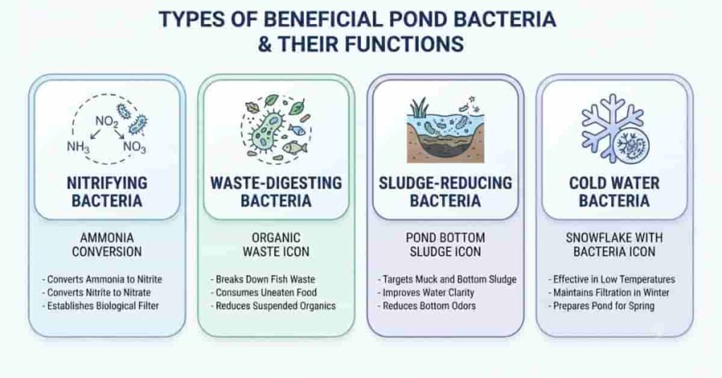 Comparison infographic showing nitrifying, waste-digesting, sludge-reducing, and cold water beneficial bacteria for ponds.