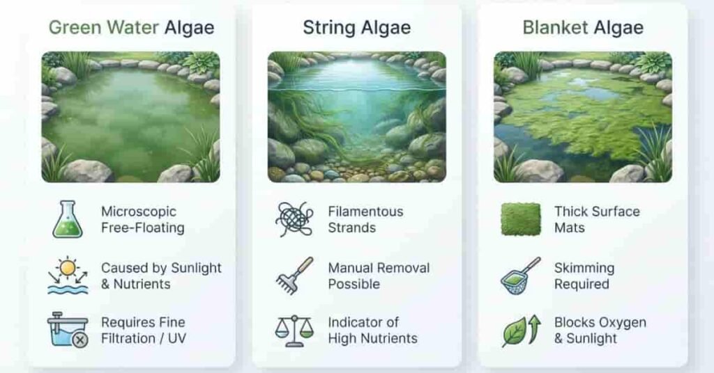 Comparison infographic showing green water algae, string algae, and blanket algae in a garden pond.