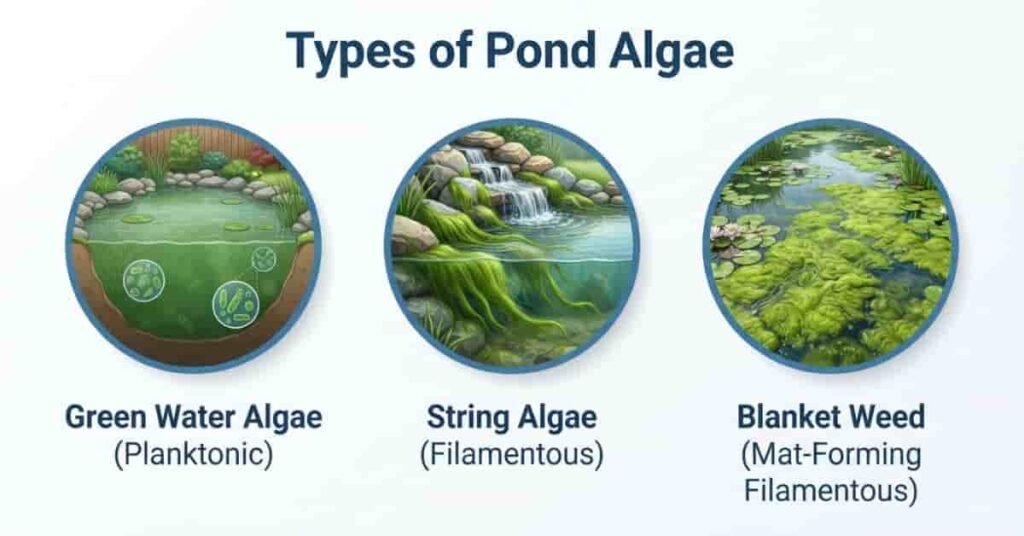Comparison infographic showing green water algae, string algae, and blanket weed in a pond.