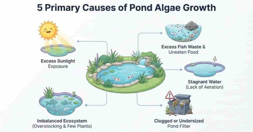 Infographic explaining the main causes of pond algae growth including sunlight, excess nutrients, stagnant water, poor filtration, and ecosystem imbalance.