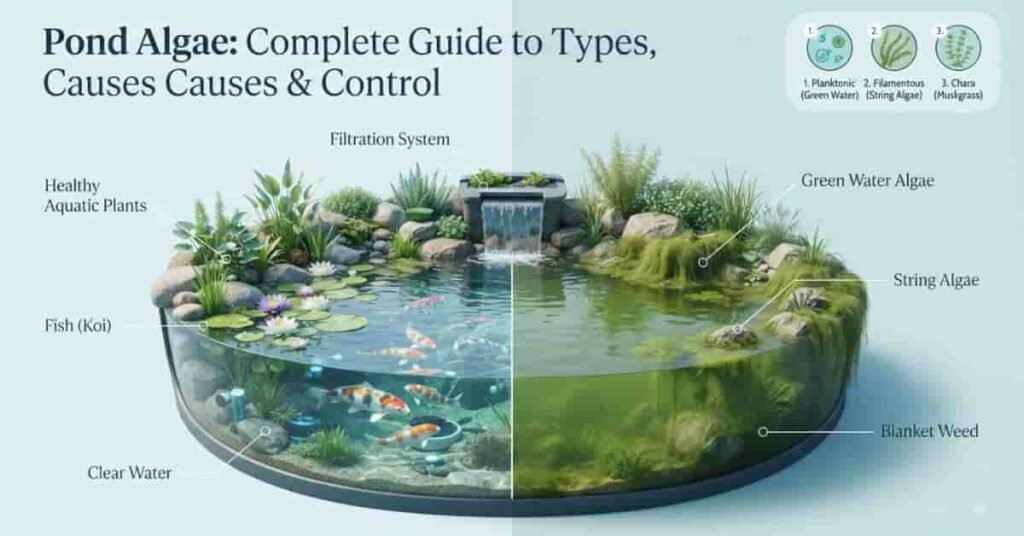 Educational infographic explaining what pond algae are and how they differ from aquatic plants.