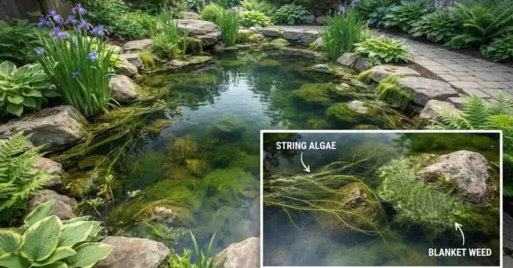String algae and blanket weed growing around rocks and edges of a garden pond