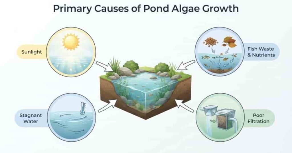 Infographic showing the main causes of pond algae growth including sunlight, nutrients, stagnant water, and poor filtration.