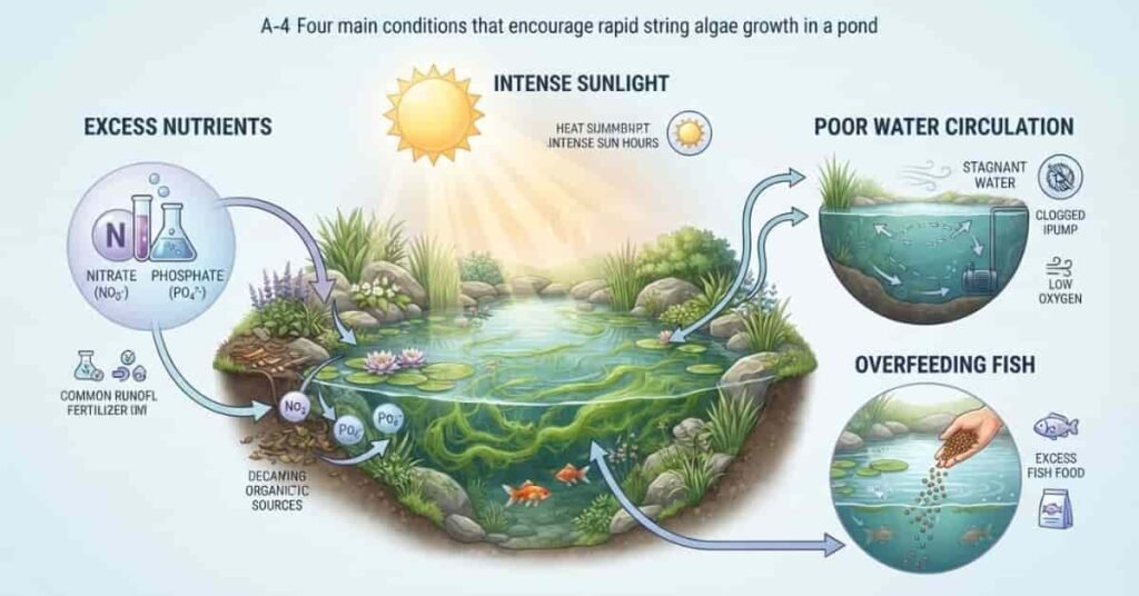 Four common causes of rapid string algae growth including nutrients, sunlight, poor circulation, and overfeeding