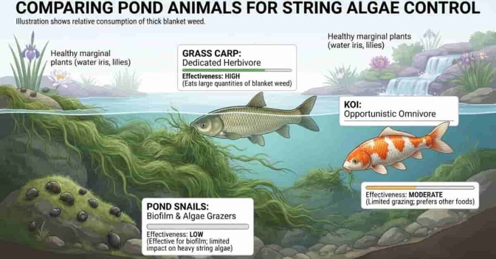Animals that eat string algae including grass carp, koi, and pond snails