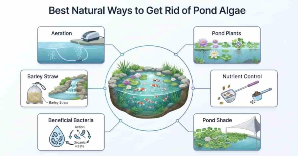 Infographic showing the best natural ways to get rid of pond algae using fish-safe and chemical-free methods.