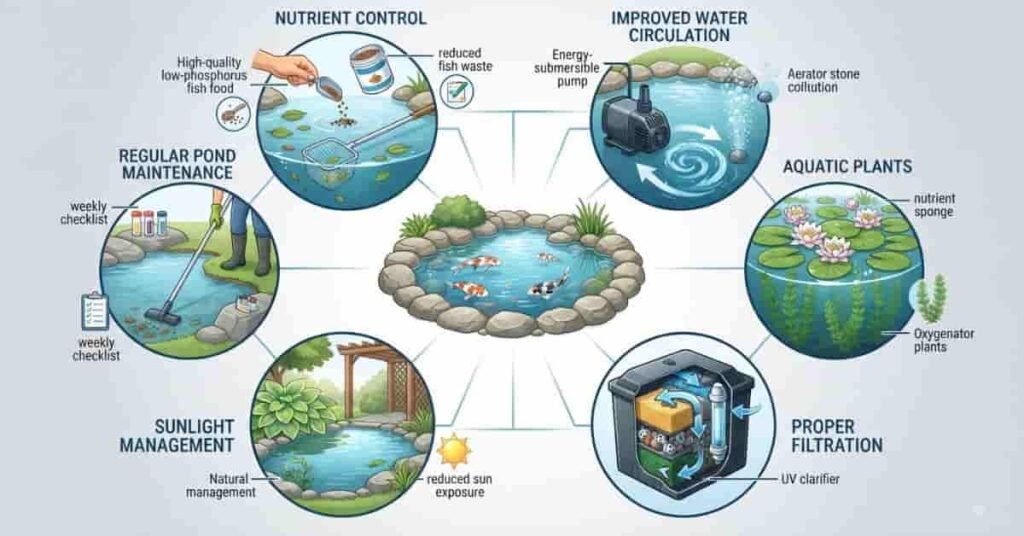 Best ways to prevent pond algae using plants, filtration, circulation, nutrient control, and maintenance