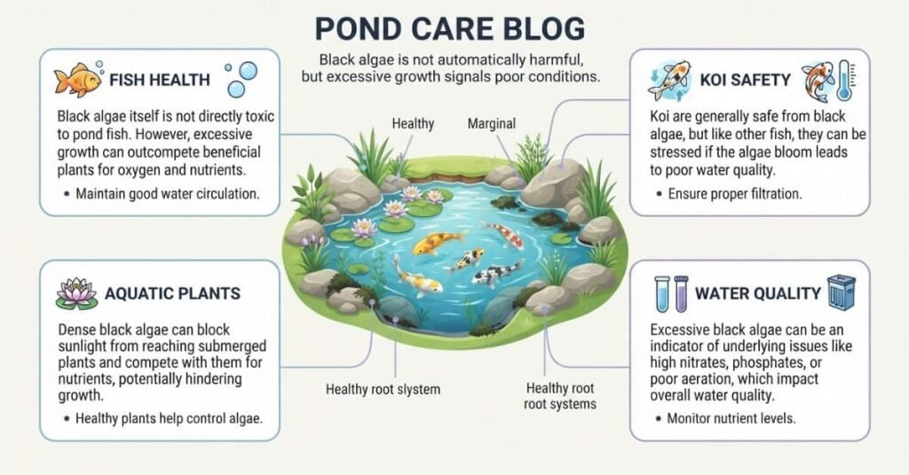 Black algae effects on koi fish aquatic plants and pond water quality
