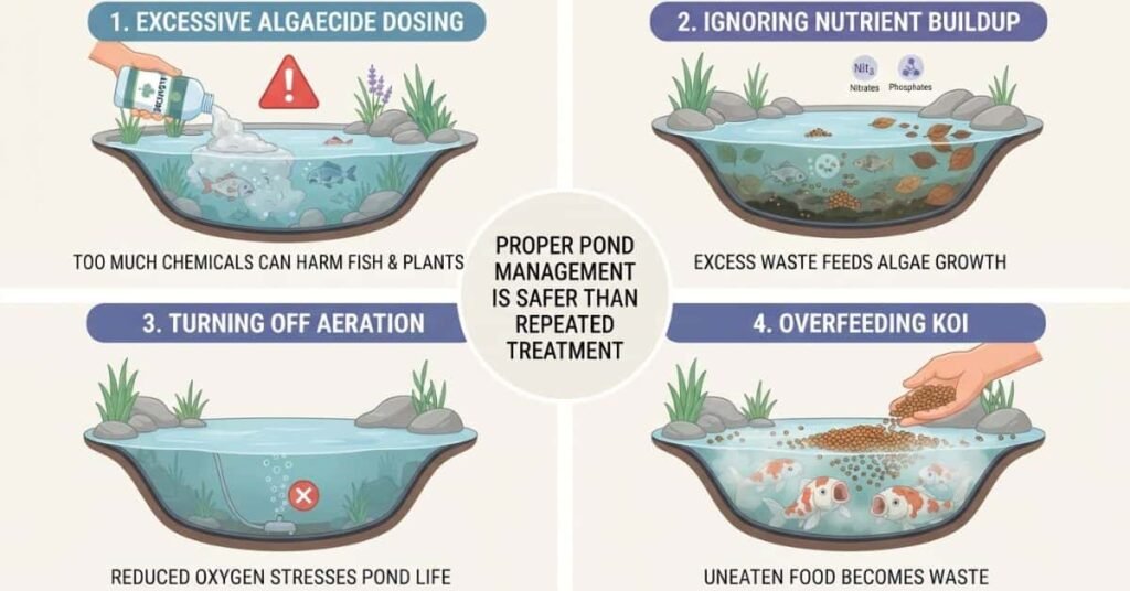 Common black algae treatment mistakes including overfeeding poor aeration and excess algaecide