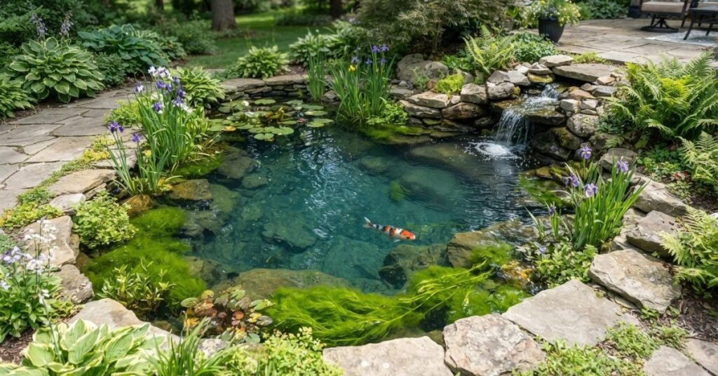Blanket weed growing in a backyard pond with rocks, plants, and waterfall