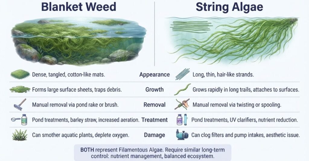 Blanket weed vs string algae appearance, growth, removal, and treatment comparison