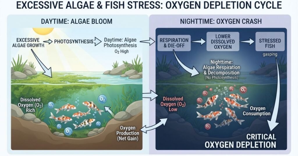 Diagram showing how excessive pond algae can reduce oxygen and stress fish
