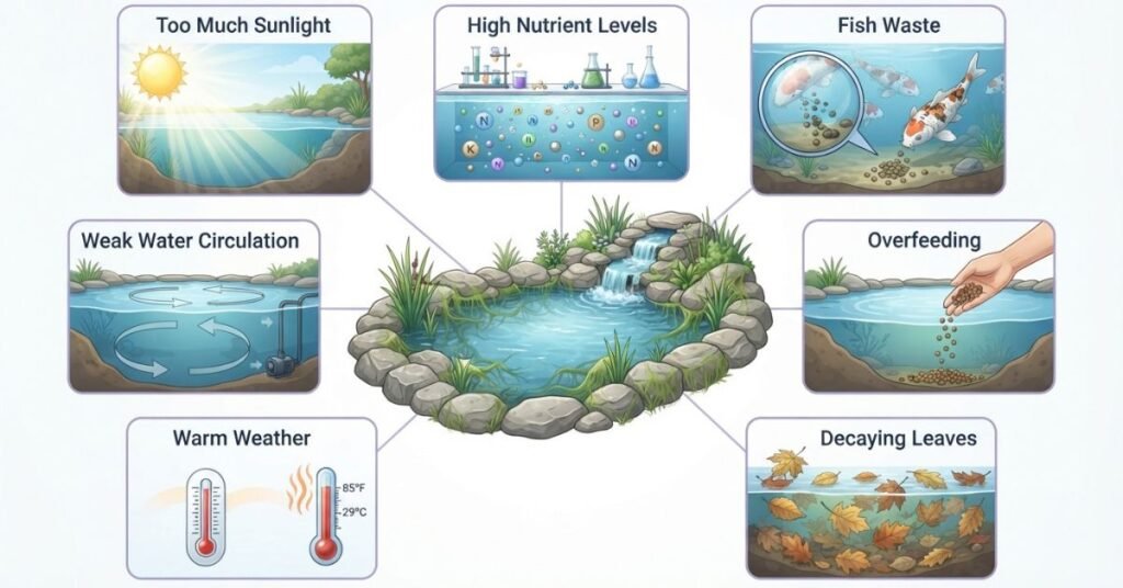 Main causes of blanket weed in a pond including sunlight, nutrients, waste, and poor circulation