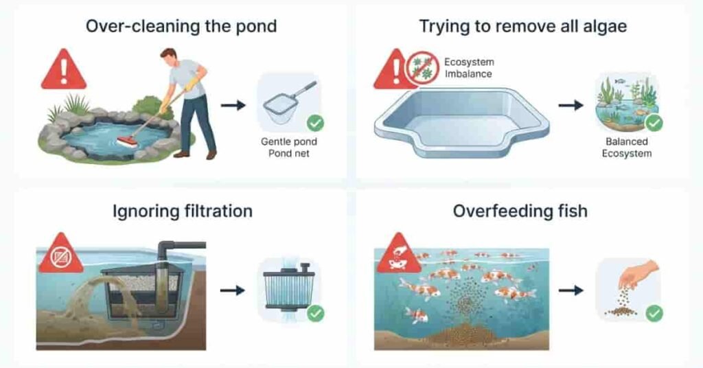 Common pond maintenance mistakes that increase algae growth naturally.
