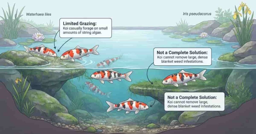 Koi eating string algae with limited grazing effect on blanket weed