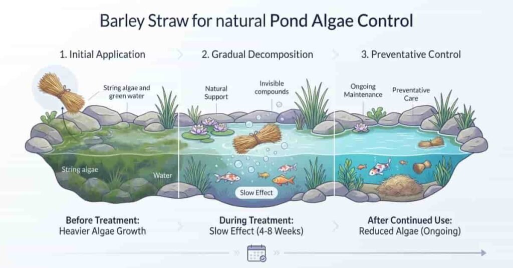Barley straw natural method for slow pond algae control and prevention