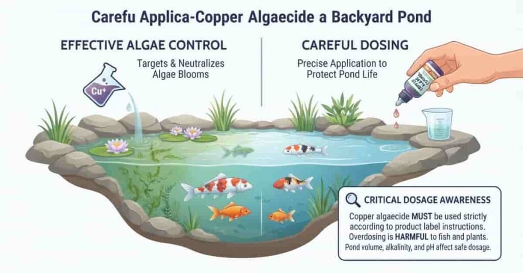 Copper algaecide pond algae treatment with fish safety and careful dosing