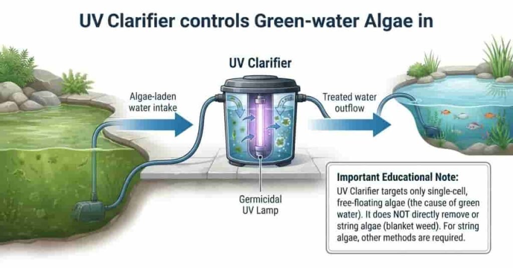 UV clarifier diagram showing how UV controls green water pond algae