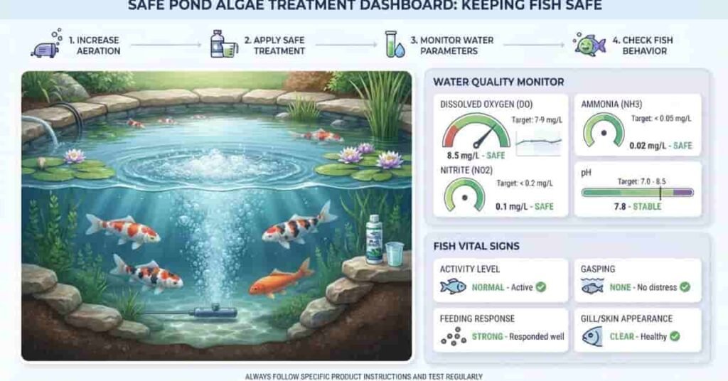 Fish safety monitoring dashboard during pond algae treatment with water quality checks