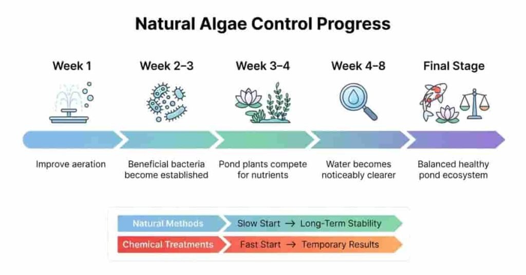 Timeline showing how long natural pond algae control methods take compared with chemical treatments.