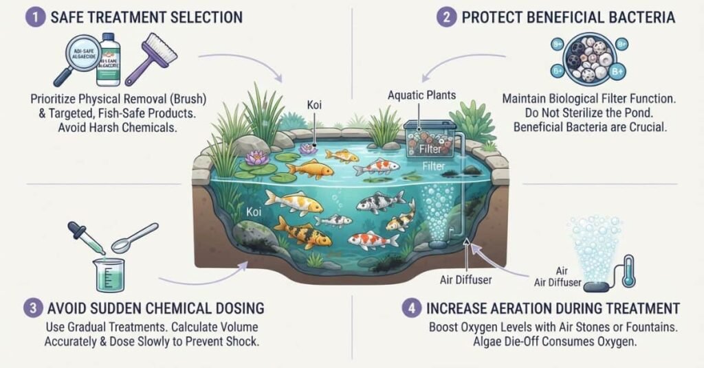 Safe black algae removal methods for a koi pond with filtration and aeration