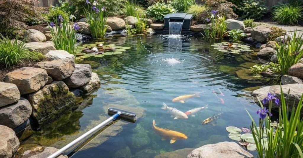 How to get rid of black algae in a pond with clean water and healthy koi