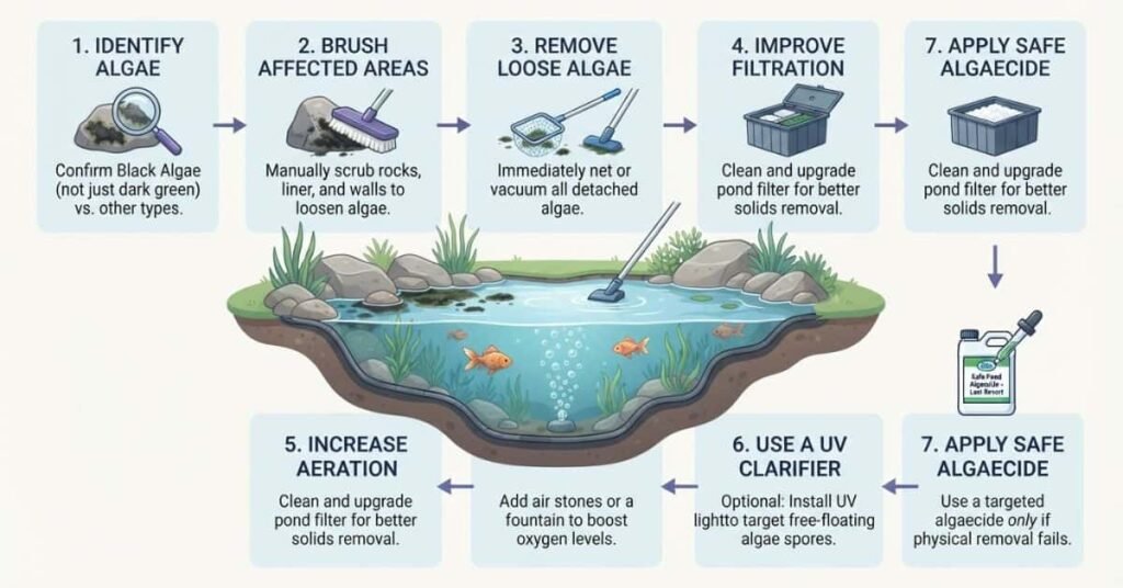 Seven-step guide for removing black algae from a pond safely