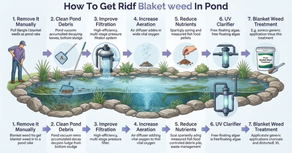 Seven-step guide showing how to get rid of blanket weed in a pond